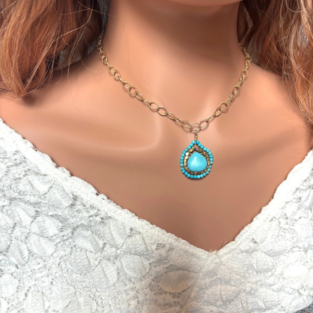 Southwest Turquoise Teardrop Necklace Pendant Gold Tone Boho Artisan Beach 21777
